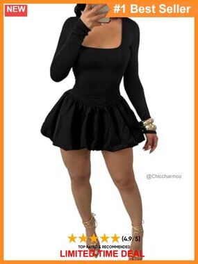 Women's Bubble Mini Dress Puffy Ruffle Hem Long Sleeve Club Party